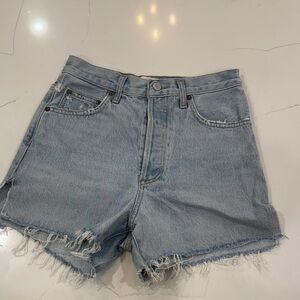 Agolde Light Blue Frayed Hem Jean Shorts
